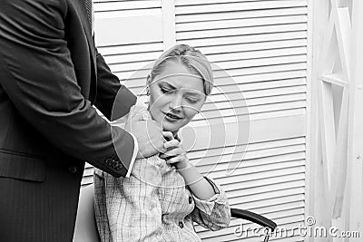 Defend yourself. First signs. Unacceptable touches. Discrimination abuse complaint. Victim sexual abuse at workplace Stock Photo