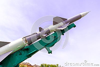 Defense forces weapon. Antiaircraft missles rocket with warhead aimed to sky Stock Photo
