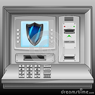 Defensive shield on cash machine blue screen Cartoon Illustration