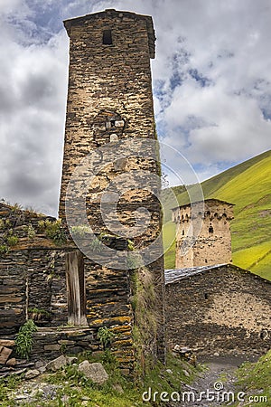 Defensive towers in village Ushguli in Upper Svaneti, Georgia Stock Photo