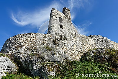 Defensive walls and a medieval tower faÃ§ade, Bobolice Polska Stock Photo