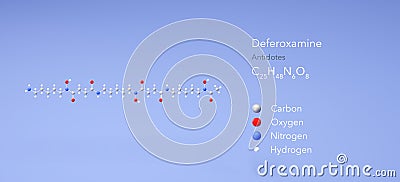 deferoxamine molecule, molecular structures, antidotes, 3d model, Structural Chemical Formula and Atoms with Color Coding Stock Photo