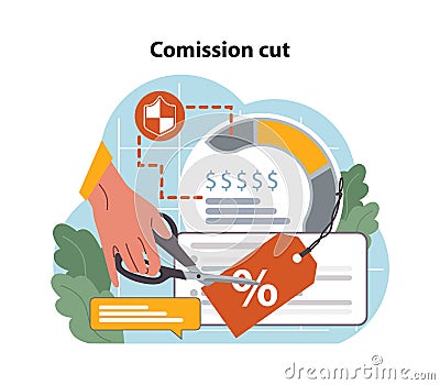DeFi, decentralized finance. Bank commission cut. Zero percentage or discount. Vector Illustration