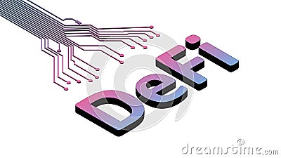 Defi - decentralized finance, isometric text with printed circuit board isolated on white. Vector Illustration