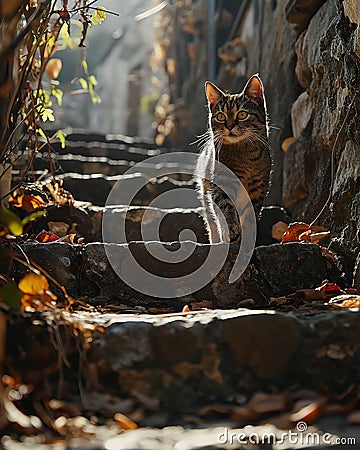 Defiant Kitten Takes a Stroll on Sunny Stone Roads: A Nature's Q Stock Photo