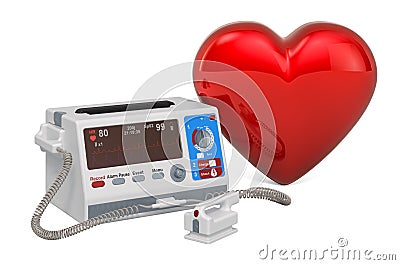 Defibrillator with red heart, 3D rendering Stock Photo