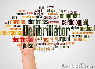 Defibrillator word cloud and hand with marker concept Stock Photo
