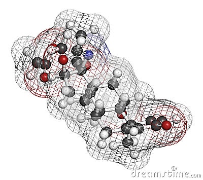 Deflazacort glucocorticoid drug molecule. 3D rendering. Atoms are represented as spheres with conventional color coding: hydrogen Stock Photo