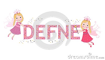 Defne female name with cute fairy tale Vector Illustration