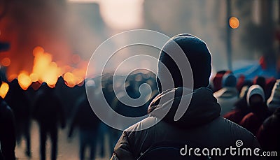 Defocus female and male activist protesting with megaphone during a strike with group of demonstrator in background Stock Photo