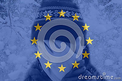 Defocus man hiding face. European Union flag. Energy prices. Cold winter season. Power problem. Energy crisis in Europe Stock Photo