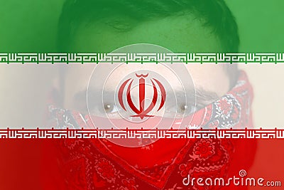 Defocus protest in Iran. Face young man in bandana. Conflict war over border. Closeup man face. Country flag. Iran flag Stock Photo