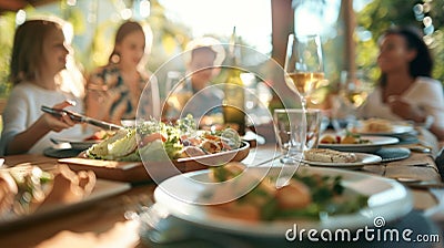 A defocused background image of a family gathered around a large wooden dining table sharing a meal that reflects their Stock Photo