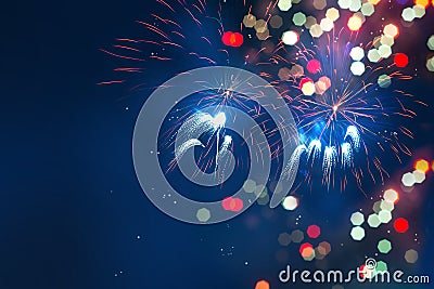 Defocused of beautiful polygon lights and firework display..Bokeh of colorful lighting in 7 polygon heptagon and firework Stock Photo