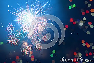 Defocused of beautiful polygon lights and firework display..Bokeh of colorful lighting in 7 polygon heptagon and firework Stock Photo