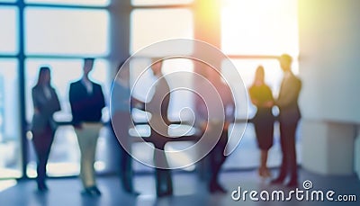 Defocused bokeh effect positive concept background of unrecognizable people diverse business team meeting of young professionals Stock Photo