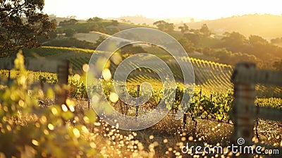 A defocused image of rolling hills of gvines with gentle sunlight peeking through the leaves. The blurred effect brings Stock Photo