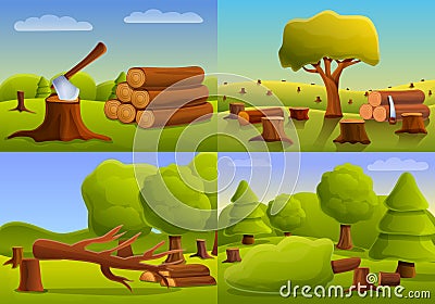 Deforestation forest banner set, cartoon style Vector Illustration