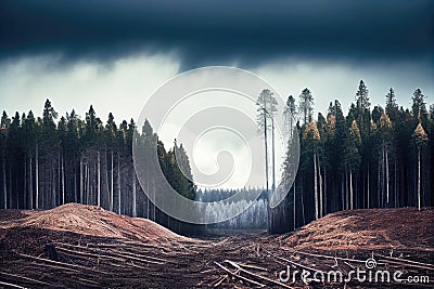 Deforestation. Logging in forest. Generative Ai Art. Landscape view with trees cut Stock Photo