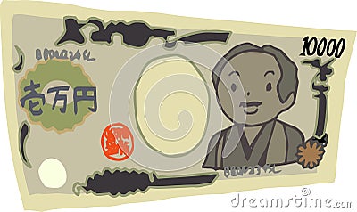 Deformed Cute hand-painted Japanese 10000 yen note Vector Illustration