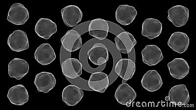 Deformed spheres pattern. Black background, white grid. Abstract illustration, 3d render Cartoon Illustration