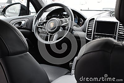 Deggendorf, Germany - 23. APRIL 2016: interior of a 2016 Porsche Cayenne Turbo SUV during the luxury cars presentation in Editorial Stock Photo