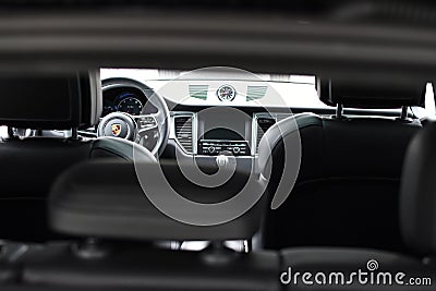 Deggendorf, Germany - 23. APRIL 2016: interior of a 2016 Porsche Macan Turbo SUV during the luxury cars presentation in Editorial Stock Photo