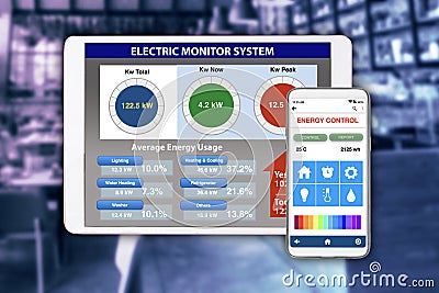 Degital tablet and smartphone showing energy control application on screen Stock Photo