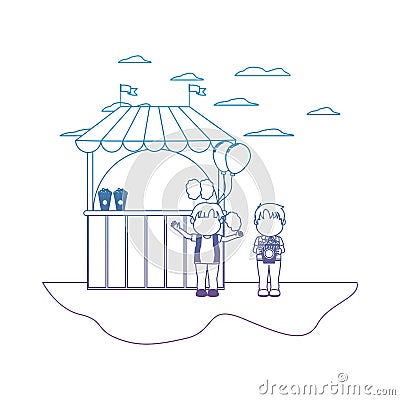 Degraded line children with carnival shop and popcorn with cotton candy Vector Illustration