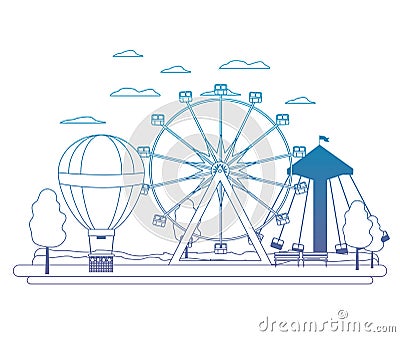 Degraded line ferris wheel mechanical and air balloon Vector Illustration