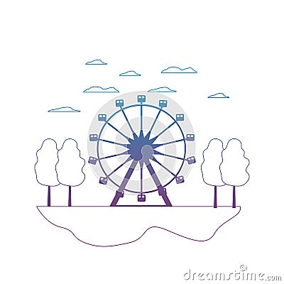 Degraded line funny ferris wheel mechanical in the landscape Vector Illustration