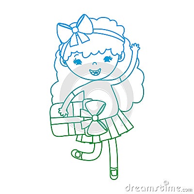 Degraded line funny girl child with present box Vector Illustration