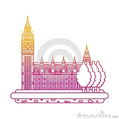 Degraded line london clock tower with trees landscape Vector Illustration