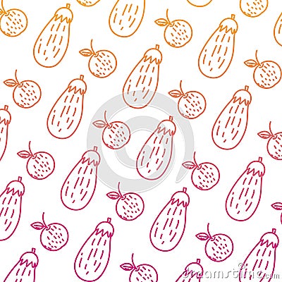 Degraded line orange fruit and eggplant vegetable background Vector Illustration