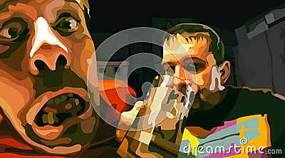 Painted degrading drunken drinkers terrible two men Vector Illustration