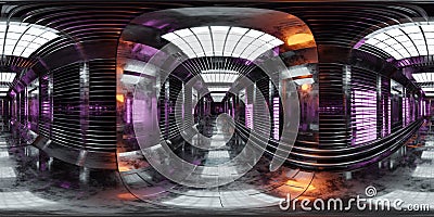 360 degree full panorama environment map of dark abstract tehcnology space station floor with neon light 3d render Cartoon Illustration