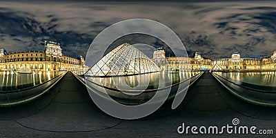 360 degree full panorama of Louvre museum at night, Paris Editorial Stock Photo