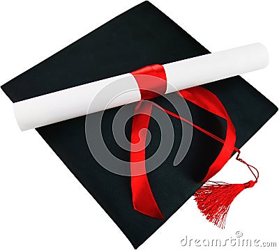 Black Graduation Cap with Degree Isolated on White Stock Photo