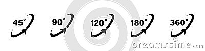 45 90 120 180 360 degree icon set in flat style. Different degree view rotation set. 360 degree view. Minimal interface icon, Vector Illustration