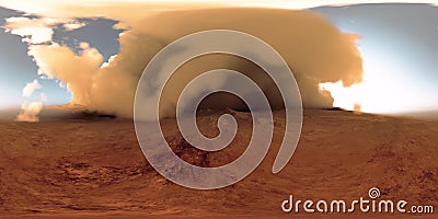 360 degree panorama of the massive dust storm sweeping across surface of Mars. Martian Landscape, environment HDRI map. Stock Photo