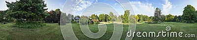 This is a 360 degree panoramic photo taken with a low sun during the late afternoon in a beautifully landscaped garden with a grea Stock Photo