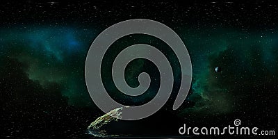 360 degree rock planet with moon on starry space background, equirectangular projection, environment map. HDRI spherical panorama Cartoon Illustration