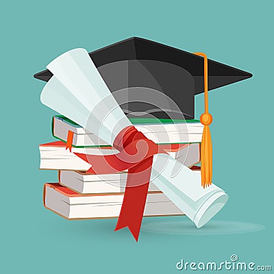 Degree scroll, pile of books and black graduation cap Vector Illustration