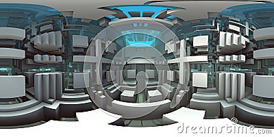 360 degree strange alien futuristic cyberpunk complex, equirectangular projection, environment map. HDRI spherical panorama Cartoon Illustration