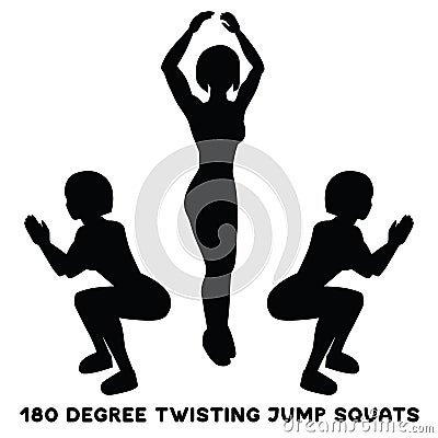 180 degree twisting jump squats. Sport exersice. Silhouettes of woman doing exercise. Workout, training Cartoon Illustration