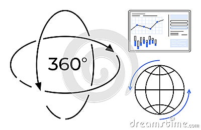 360-degree view concept with rotating globe, data visualization graph, and infographic elements Vector Illustration