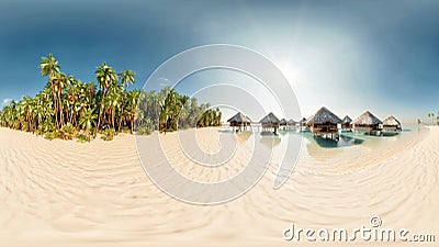 360 degree view of palm island with bungalows and leaning palms 3d render Stock Photo