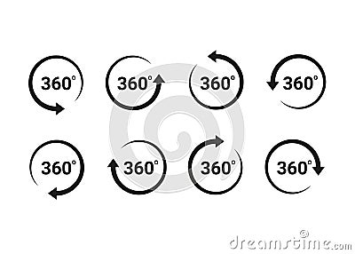 360 degrees arrow, rotate around set icon. Circle signs view with arrows rotation to 360 degrees. Rotate cycle, circular Vector Illustration
