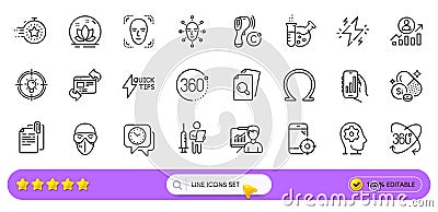 360 degrees, Full rotation and Timer line icons for web app. Pictogram icon. Line icons. Vector Stock Photo