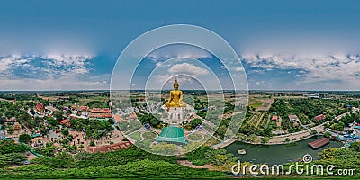 360 degrees panorama aerial view of big ancient golden mediated buddha at Wat Muang Temple Stock Photo